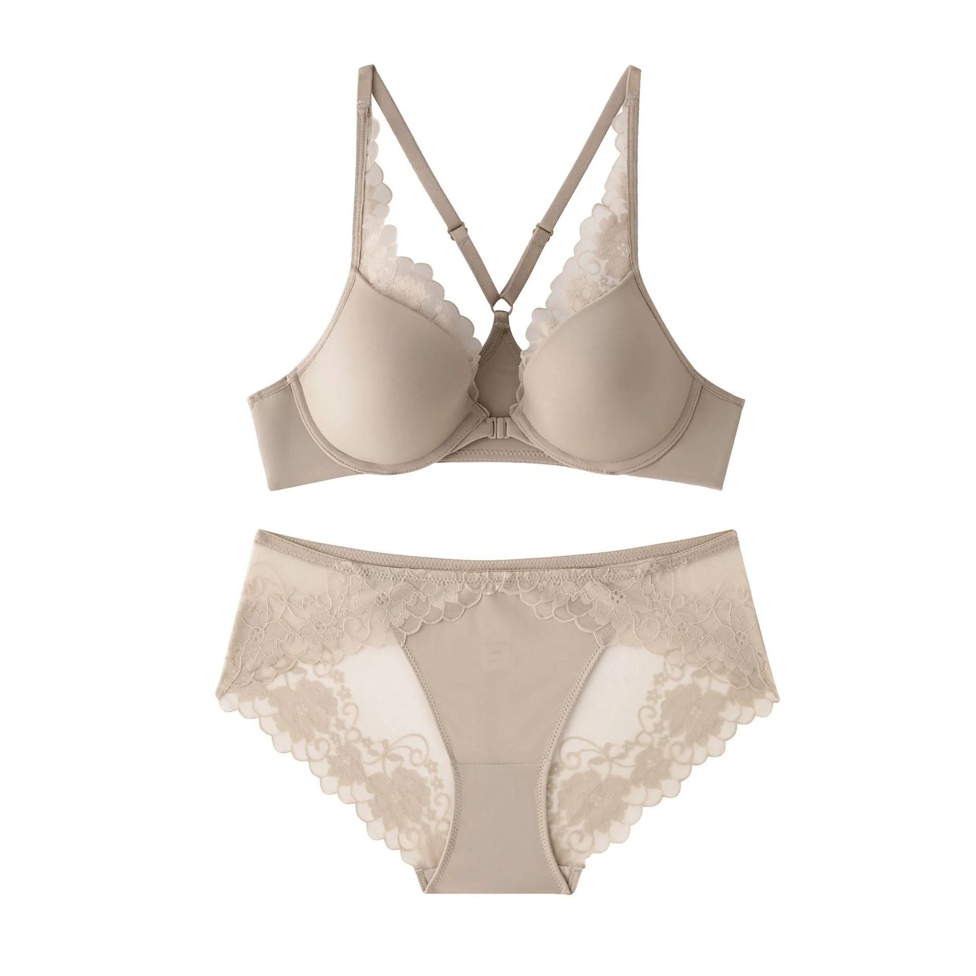 Foreign trade French style small chest gathered front button underwear for women, lace edge set, summer seamless bra, beautiful 3