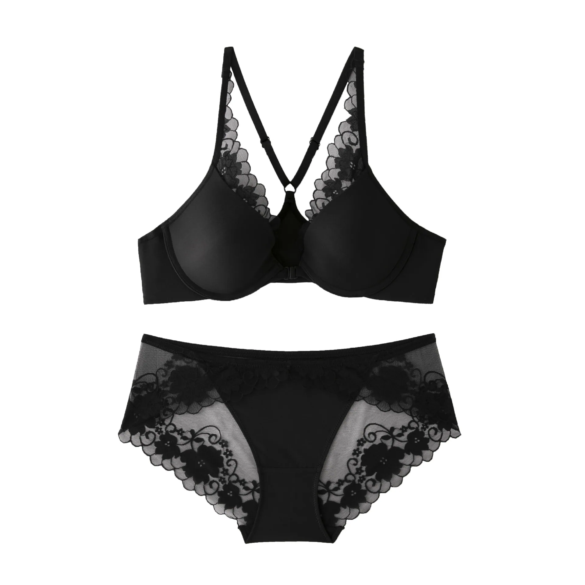 Foreign trade French style small chest gathered front button underwear for women, lace edge set, summer seamless bra, beautiful 2