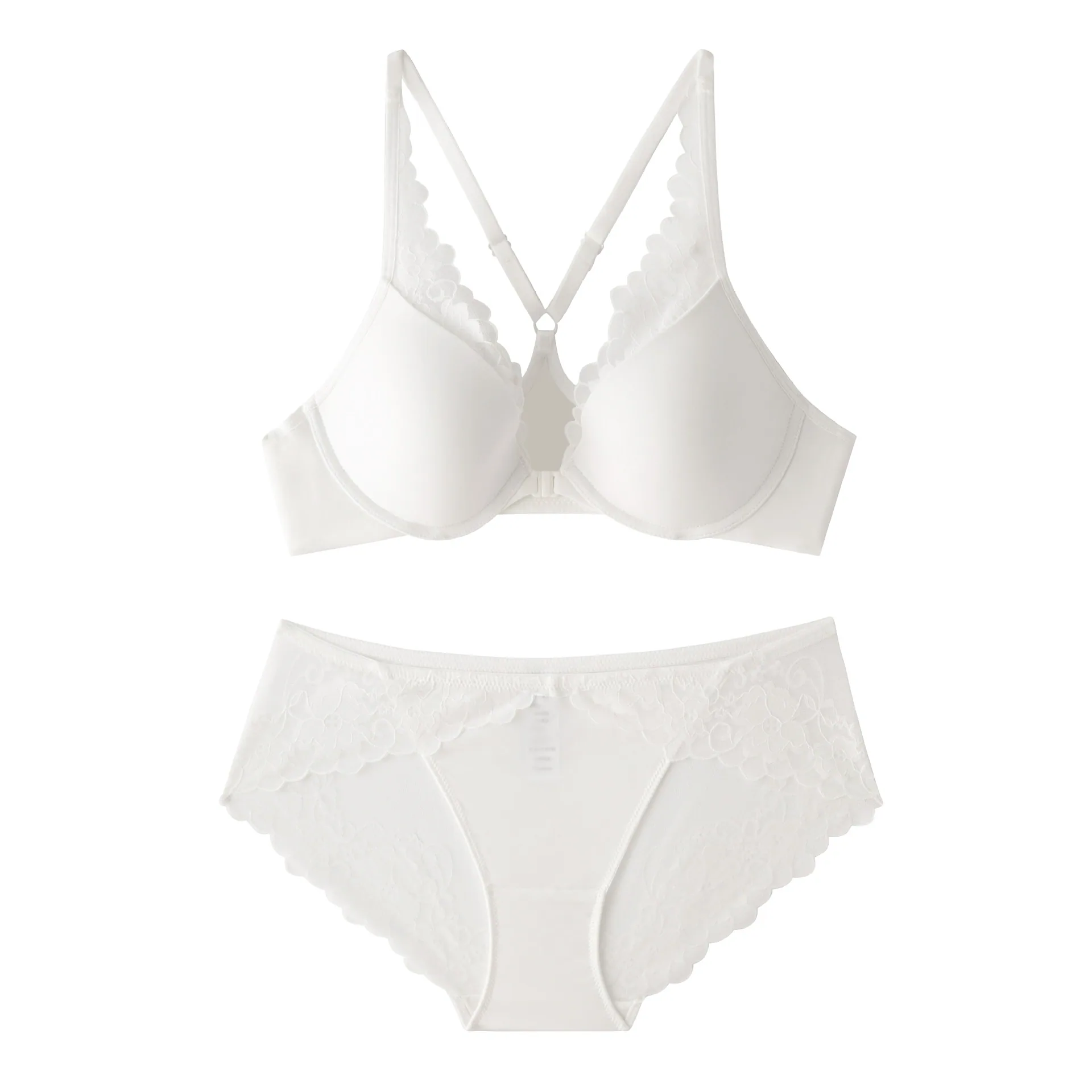 Foreign trade French style small chest gathered front button underwear for women, lace edge set, summer seamless bra, beautiful