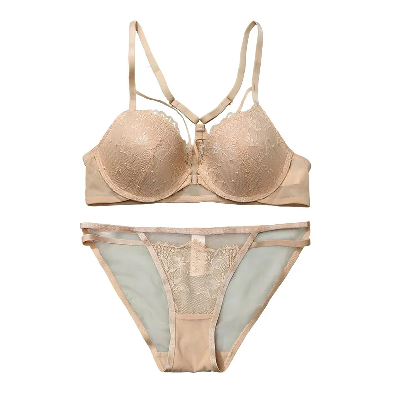French sexy lace front button lingerie set for women, thin summer bra with small chest, gathered anti sagging bra, breathable 2