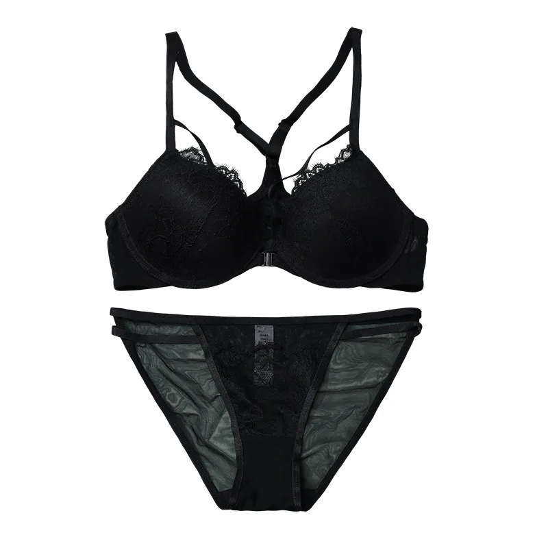 French sexy lace front button lingerie set for women, thin summer bra with small chest, gathered anti sagging bra, breathable 3