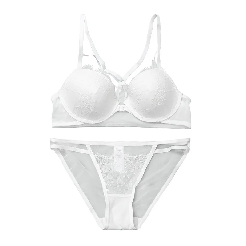 French sexy lace front button lingerie set for women, thin summer bra with small chest, gathered anti sagging bra, breathable