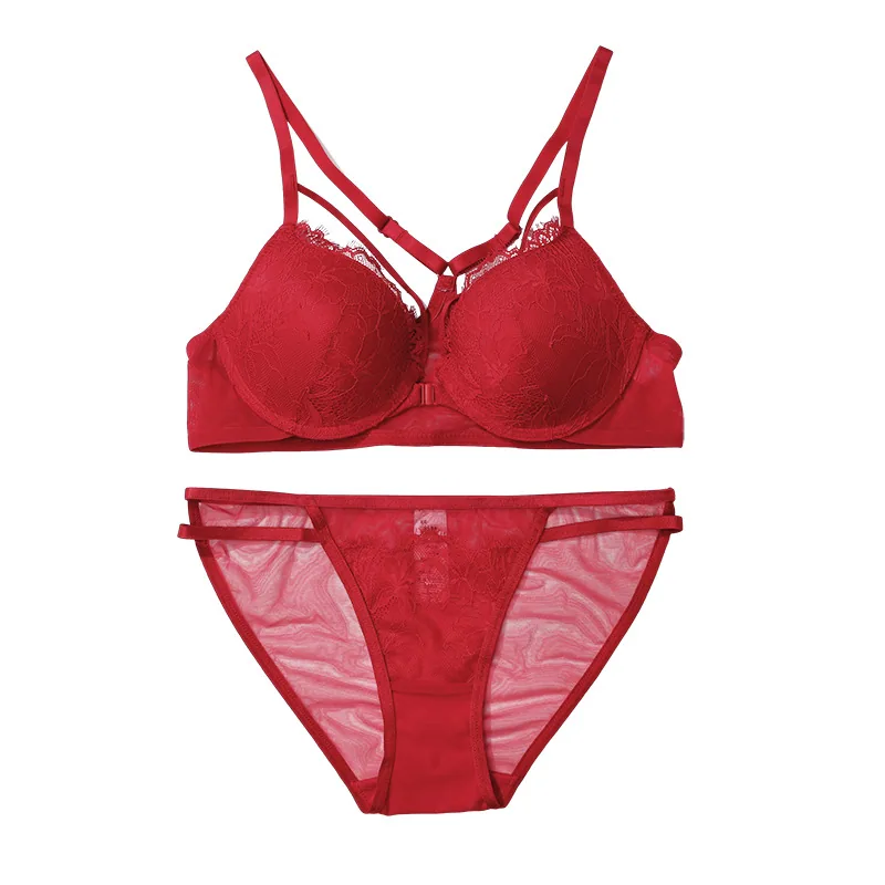 French sexy lace front button lingerie set for women, thin summer bra with small chest, gathered anti sagging bra, breathable 4