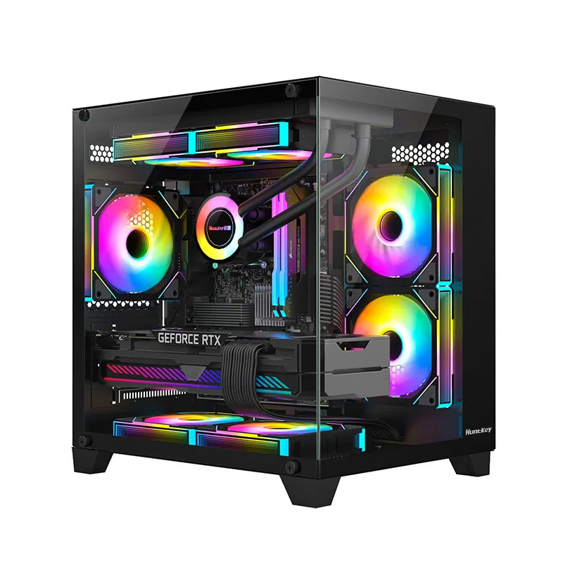 Huntkey S900 Sandstorm Panoramic Edition Seaview Room Glass Side Through-Desktop Chassis supports 240 water-cooled vertical
