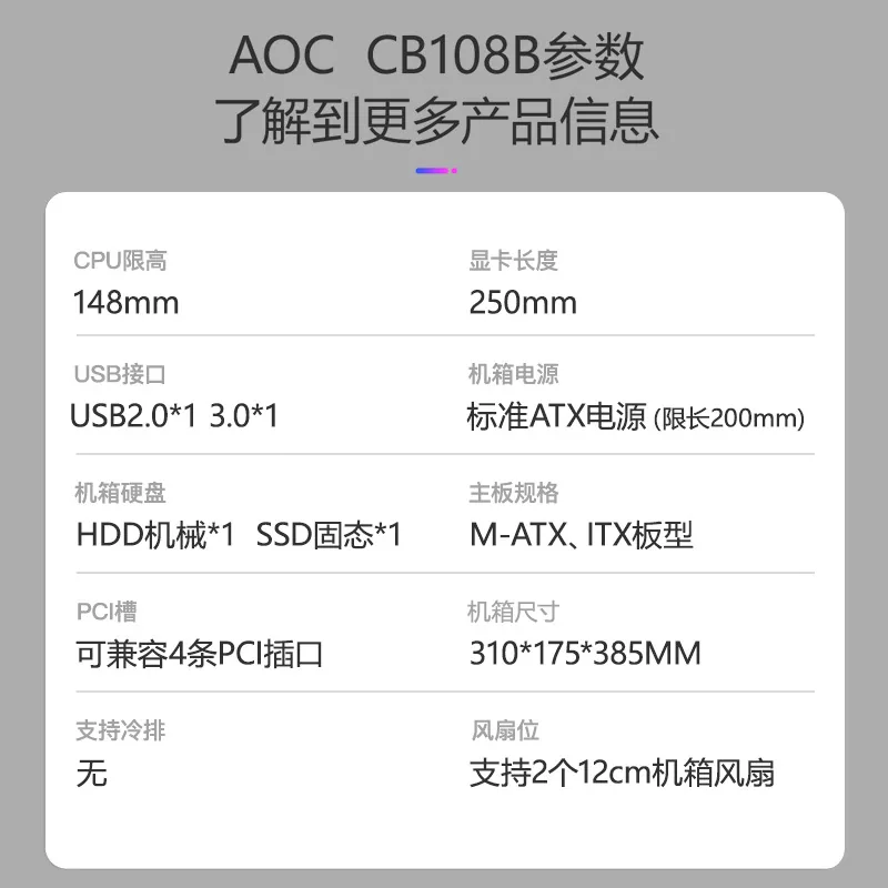 AOC CB108B Computer Host Case Cooling matx/itx Home Office Desktop Enclosure DIY Empty Chassis 3
