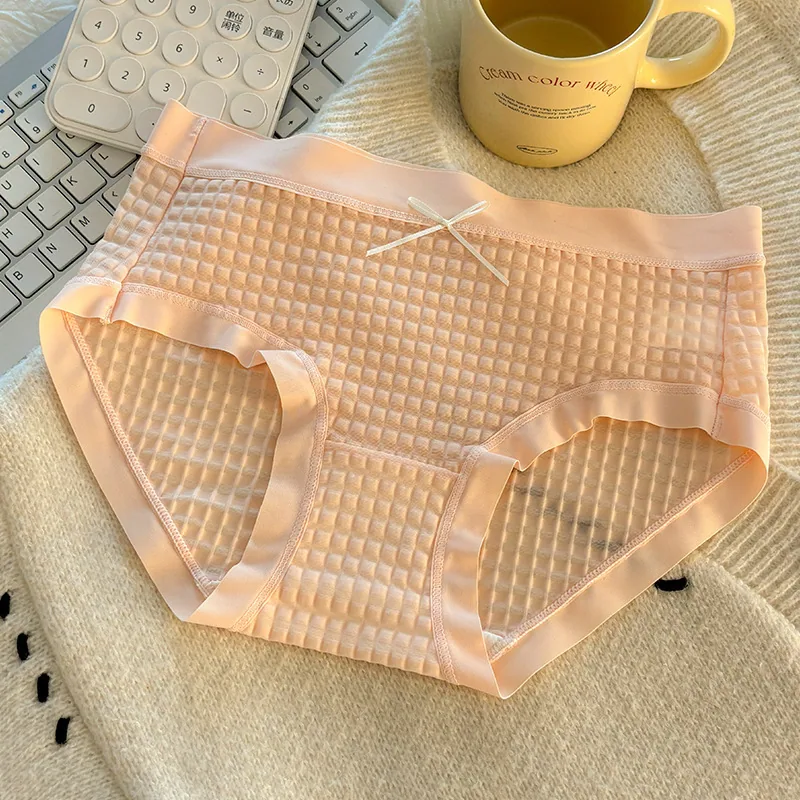 Waffle Summer New Ice Silk Girls Bubble Pants Mid Waist Version Breathable Pure Cotton Crotch Bow Triangle Underwear 6