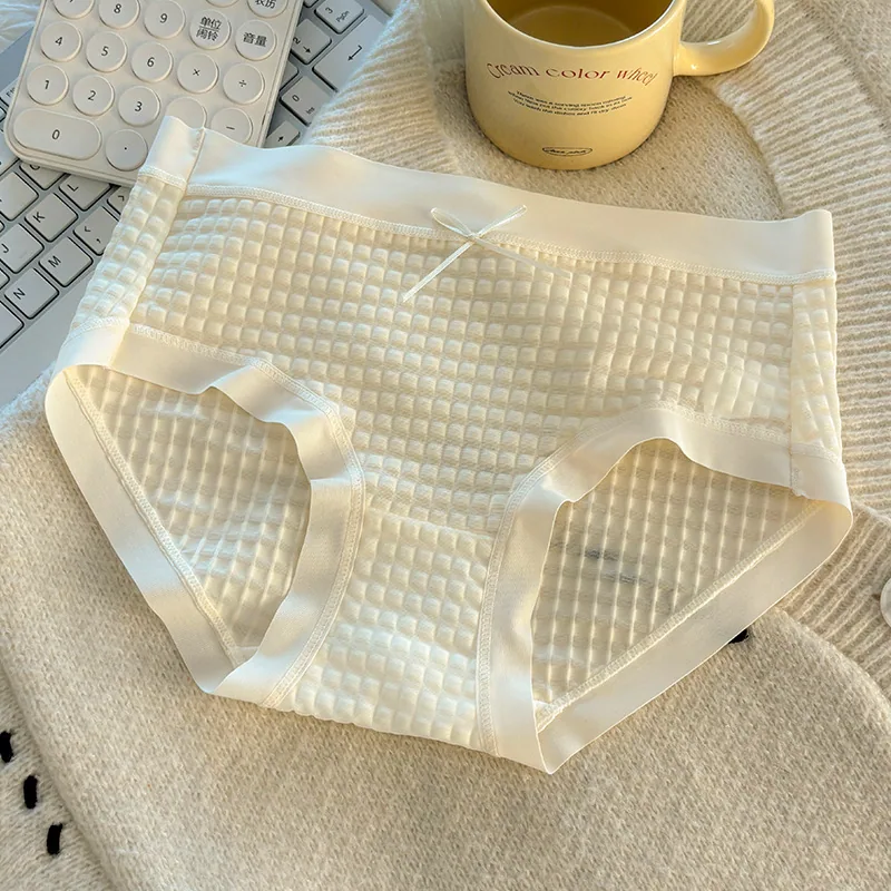 Waffle Summer New Ice Silk Girls Bubble Pants Mid Waist Version Breathable Pure Cotton Crotch Bow Triangle Underwear 2