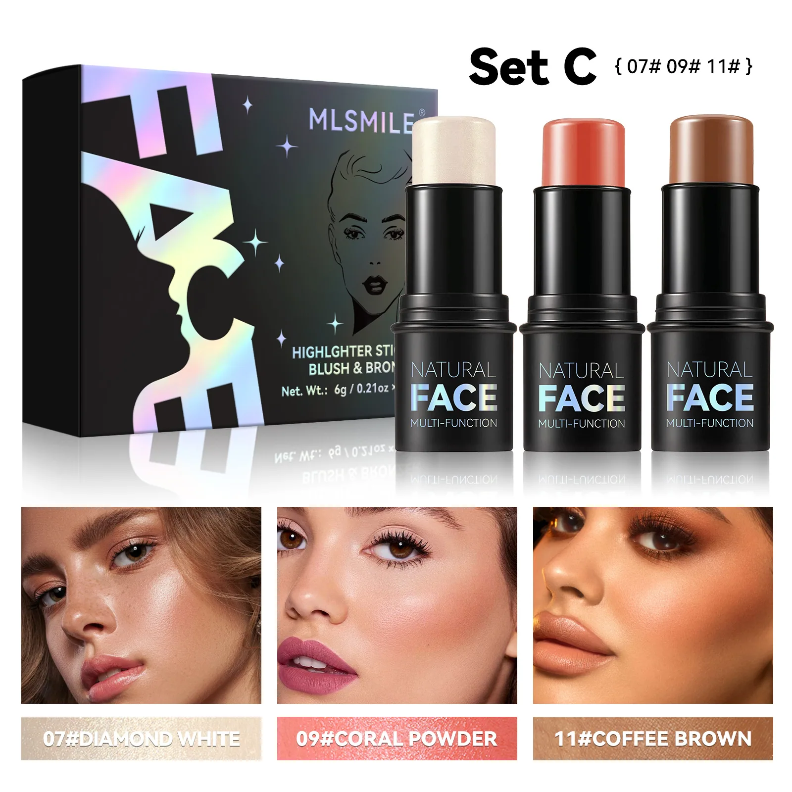 Highlighter Blush Contour Stick Set Face Contour Shadow Pen Brightening Silkworm Blush Cream Multifunctional Cross-Border Makeup 3