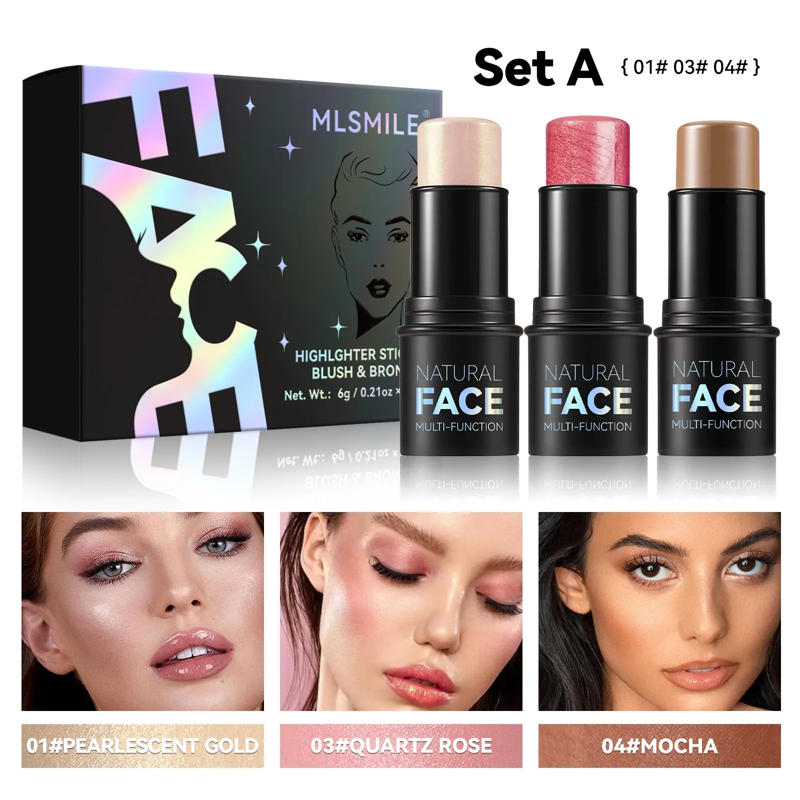 Highlighter Blush Contour Stick Set Face Contour Shadow Pen Brightening Silkworm Blush Cream Multifunctional Cross-Border Makeup