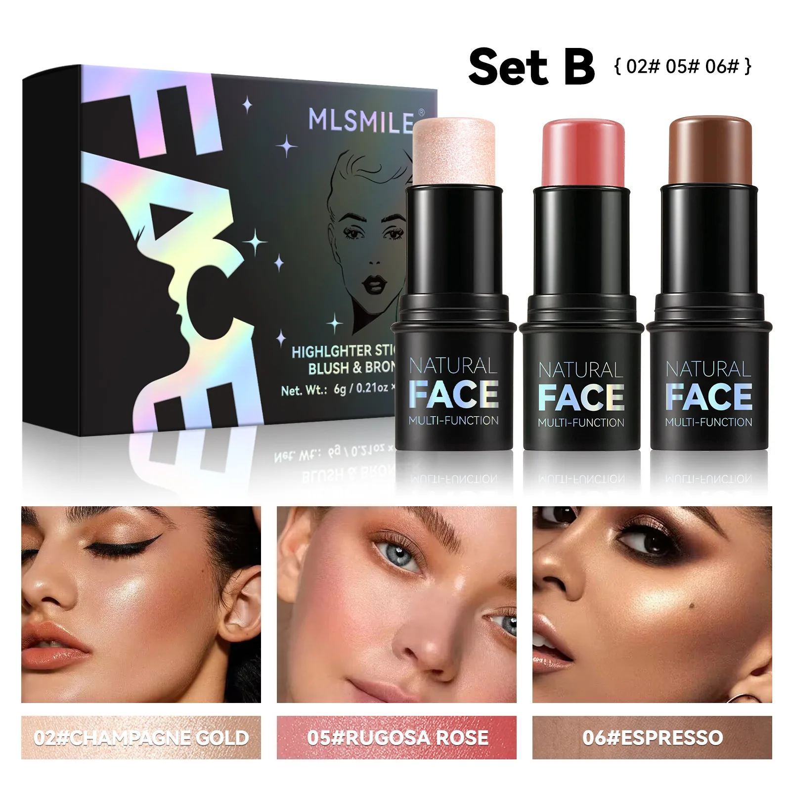 Highlighter Blush Contour Stick Set Face Contour Shadow Pen Brightening Silkworm Blush Cream Multifunctional Cross-Border Makeup 2