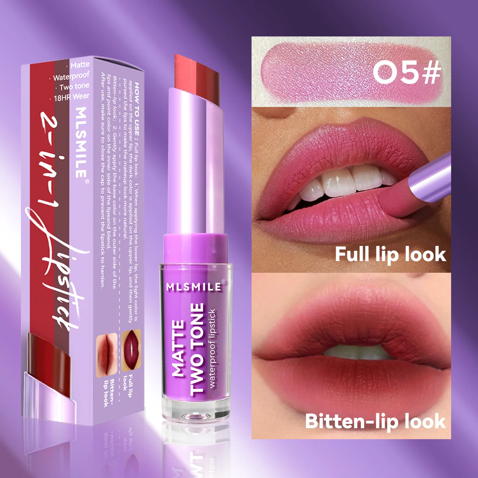 two-color lipstick, pearlescent matte, moisturizing, not easy to stick to the cup lip balm, gradient lip bite makeup lipstick 5