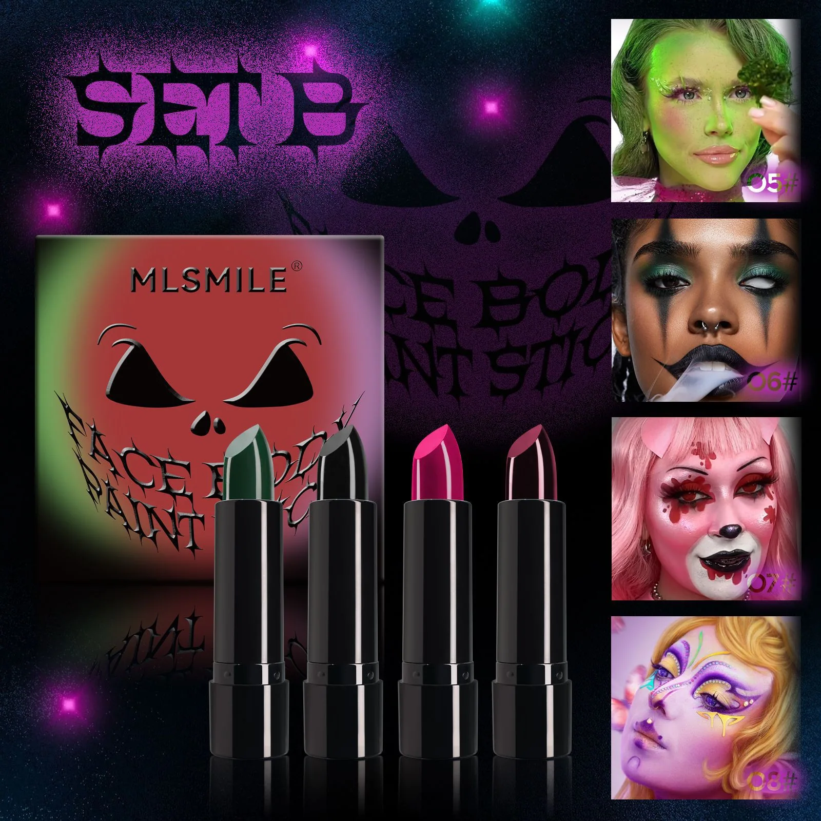 matte lipstick dark black vampire olive green Halloween makeup face body paint set 2