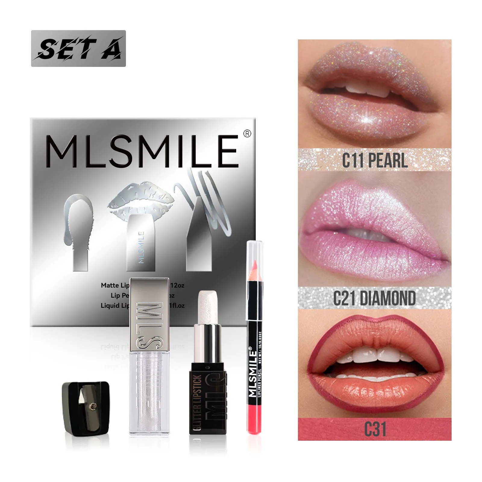 set de mezcla de lápiz labial de diamante brillante, explosivo de Amazon, brillo labial metálico perlado mate no pegajoso, delineador de labios