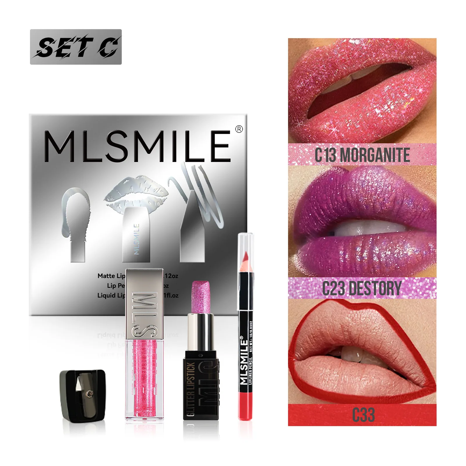 ชุดลิปสติกผสมประกายเพชร Amazon Explosion Metal Pearlescent Matte Non-Stick Cup Lip Glaze Lip Liner 3