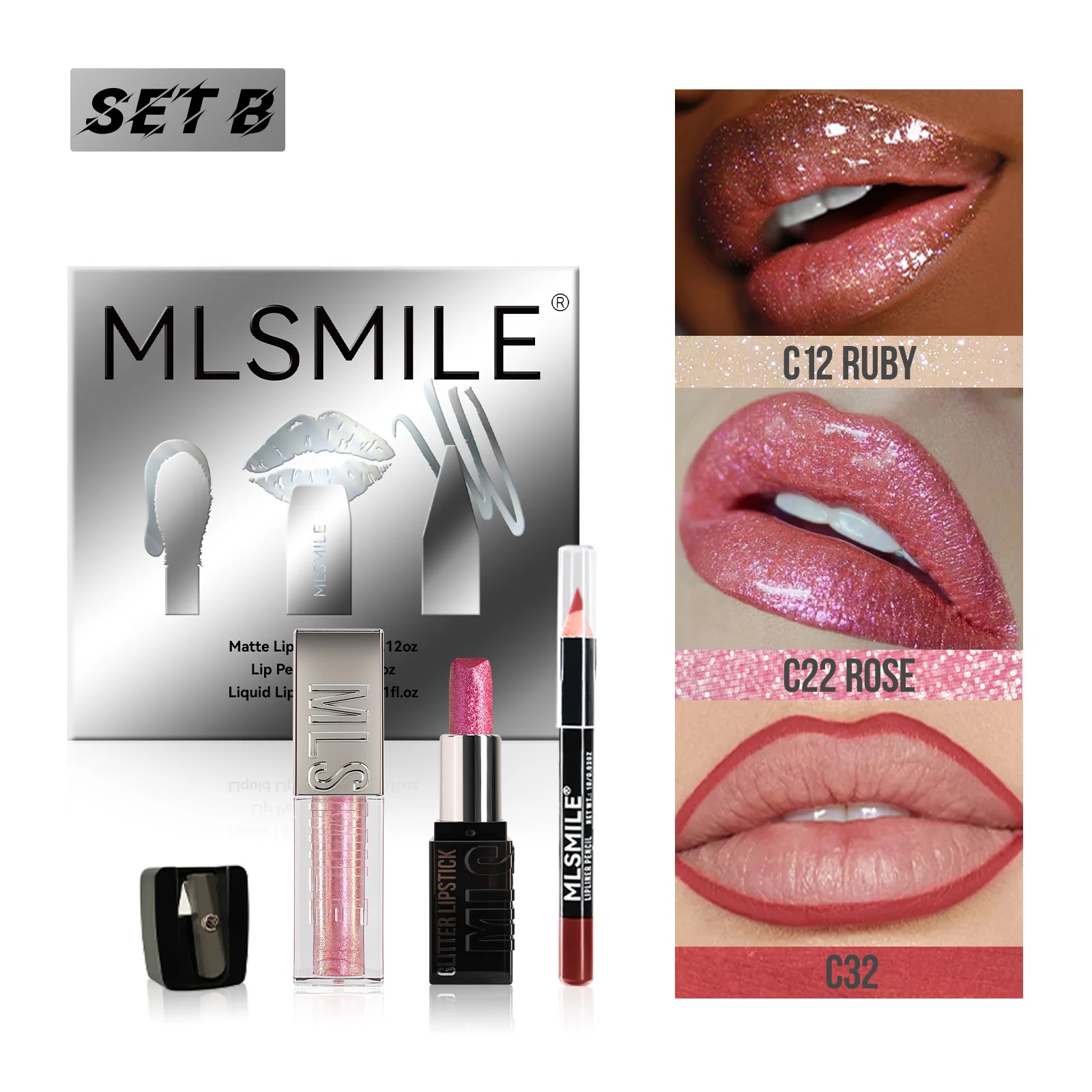 ชุดลิปสติกผสมประกายเพชร Amazon Explosion Metal Pearlescent Matte Non-Stick Cup Lip Glaze Lip Liner 2