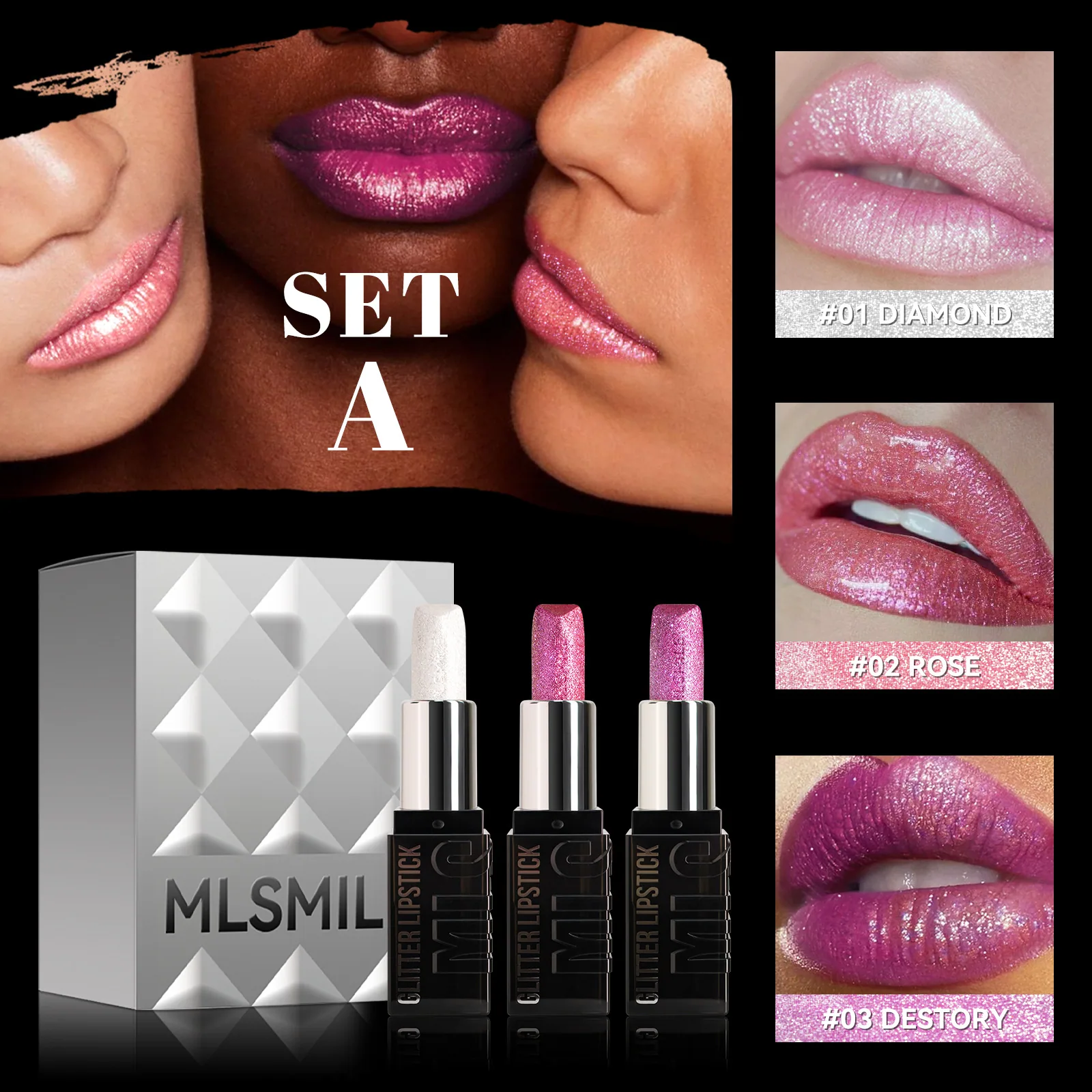 sparkling diamond lipstick set, metal pearlescent, Amazon explosive non-stick cup, moisturizing moisturizing matte lipstick