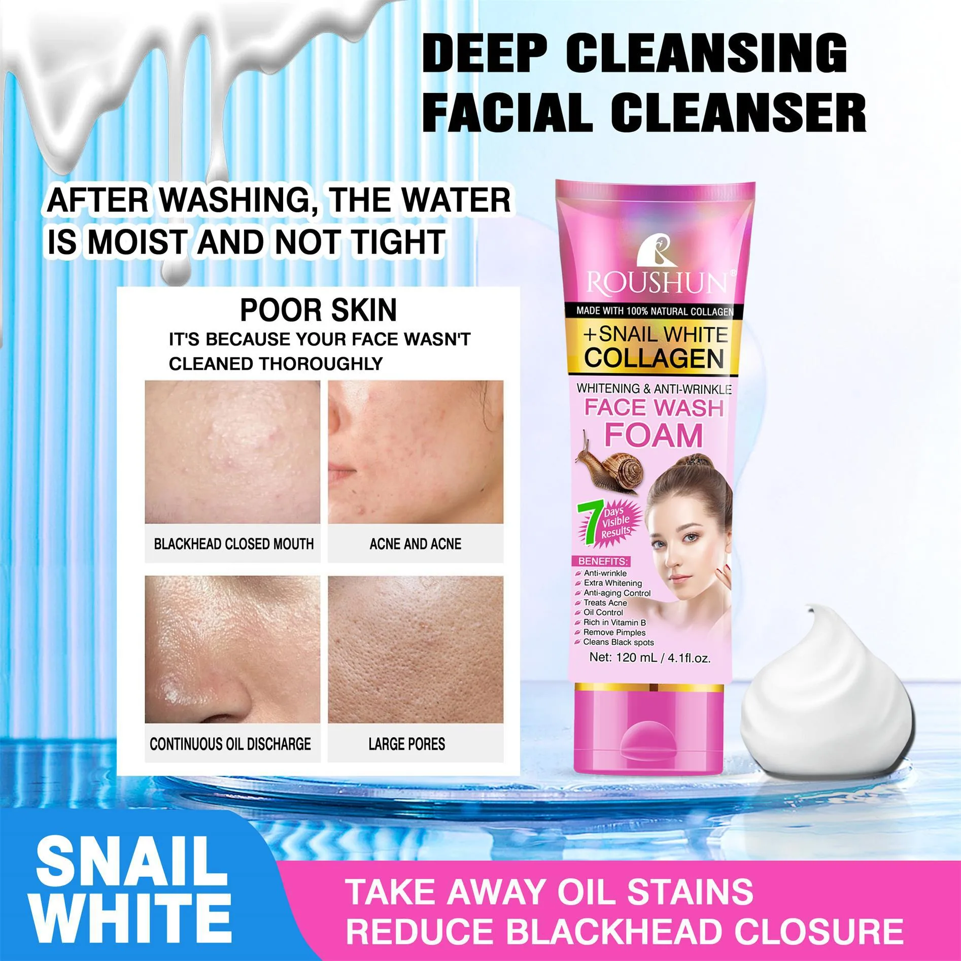 ROUSHUN Snail White+Collagen face wash foam - Facial Cleanser 5