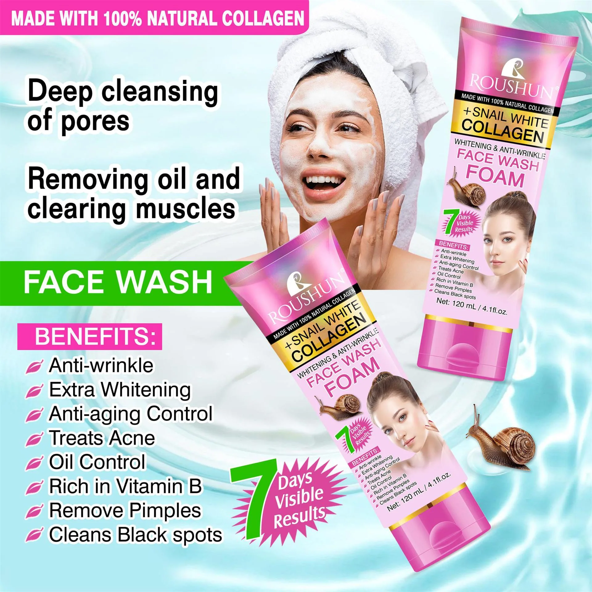 ROUSHUN Snail White+Collagen face wash foam - Facial Cleanser 6
