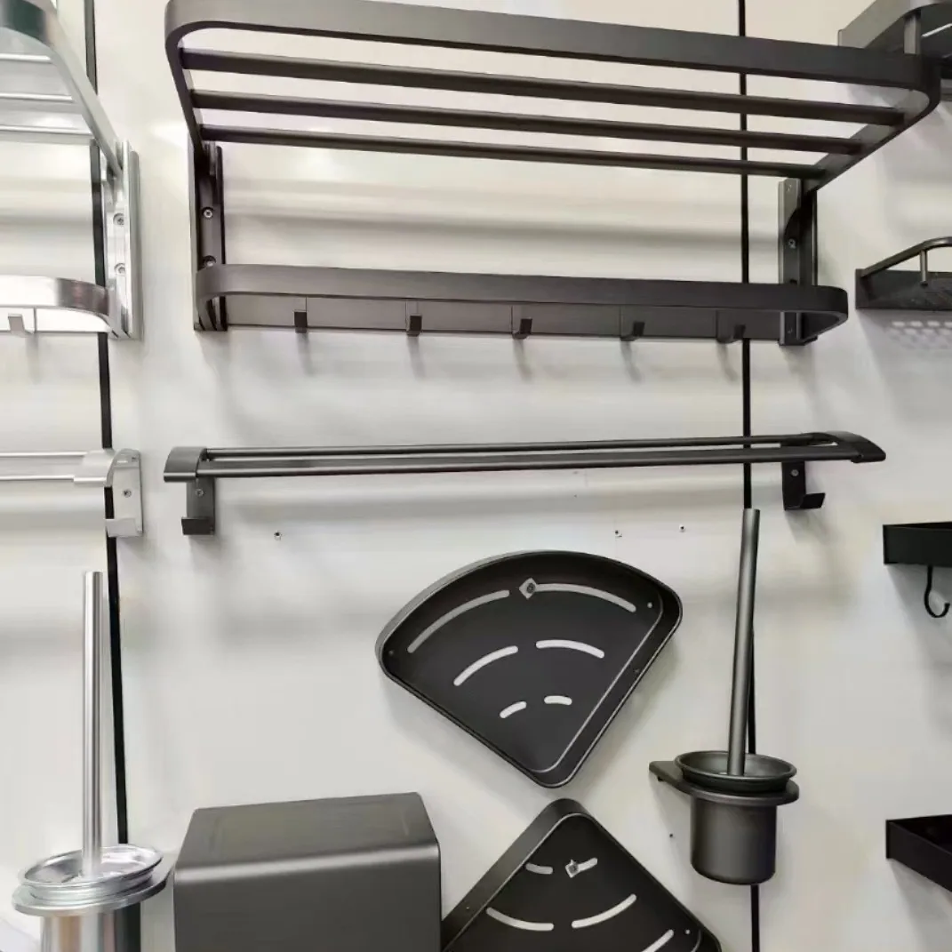 Space aluminum double-layer folding towel rack bathroom perforated towel rack gun ash storage rack home bathroom 3