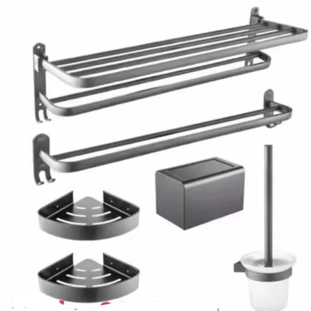 Space aluminum double-layer folding towel rack bathroom perforated towel rack gun ash storage rack home bathroom