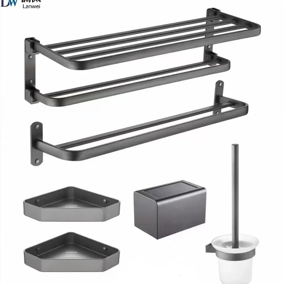 Space aluminum double-layer folding towel rack bathroom perforated towel rack gun ash storage rack home bathroom 2