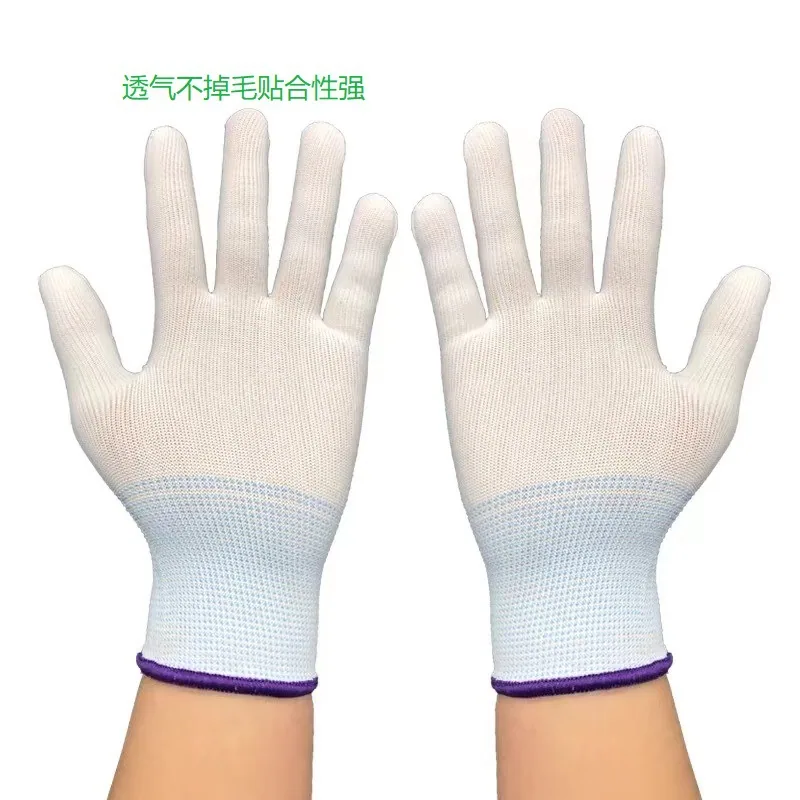 Guantes de nailon blancos de 13 agujas con dedos recubiertos, antiestáticos, para trabajo, pasatiempos, transpirables y ajustados, palma con recubrimiento PU, sin polvo, finos para electrónica 2