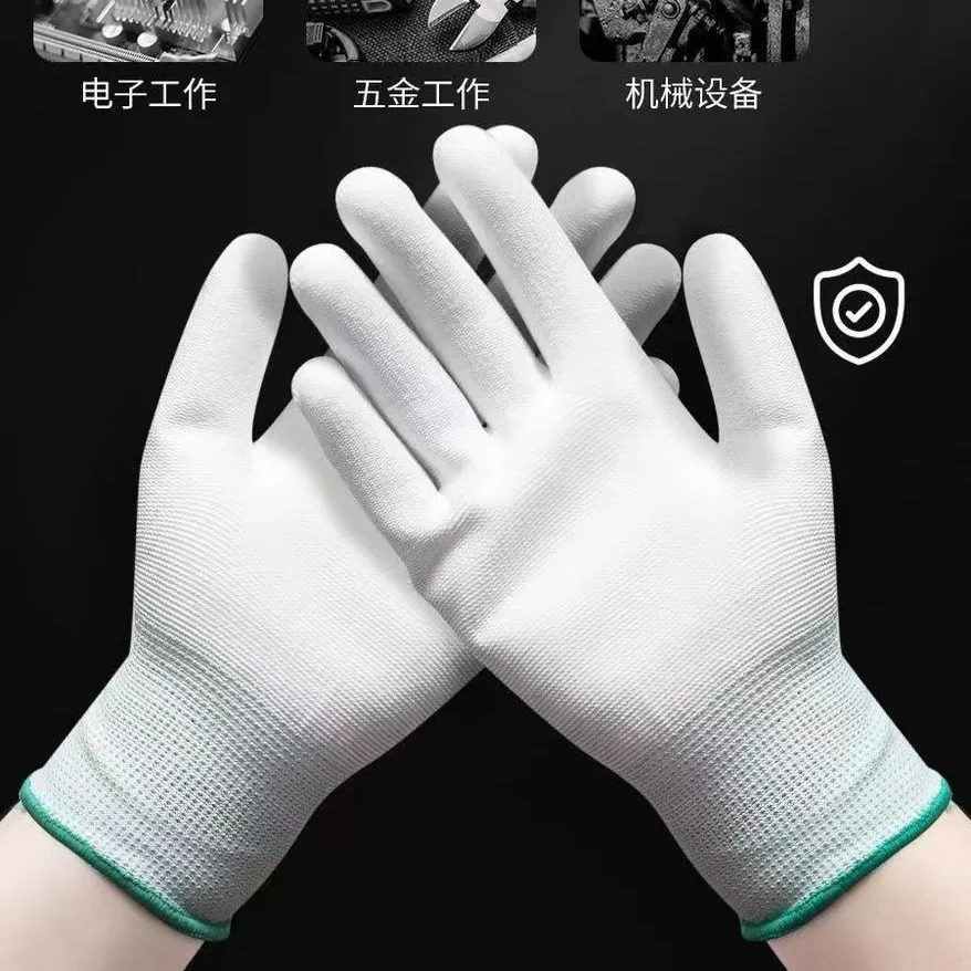 Guantes de nailon blancos de 13 agujas con dedos recubiertos, antiestáticos, para trabajo, pasatiempos, transpirables y ajustados, palma con recubrimiento PU, sin polvo, finos para electrónica 8