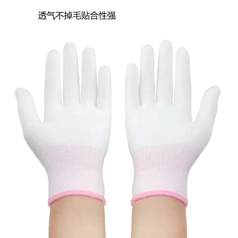 Guantes de nailon blancos de 13 agujas con dedos recubiertos, antiestáticos, para trabajo, pasatiempos, transpirables y ajustados, palma con recubrimiento PU, sin polvo, finos para electrónica 3