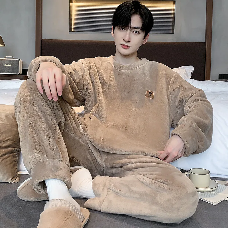 180 catties plus size pajamas for men in autumn and winter thickened and velvet long-sleeved warm pullover home clothes two-piece set