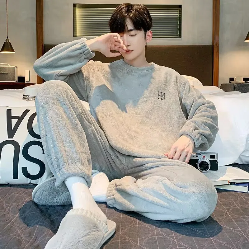 180 catties plus size pajamas for men in autumn and winter thickened and velvet long-sleeved warm pullover home clothes two-piece set 7