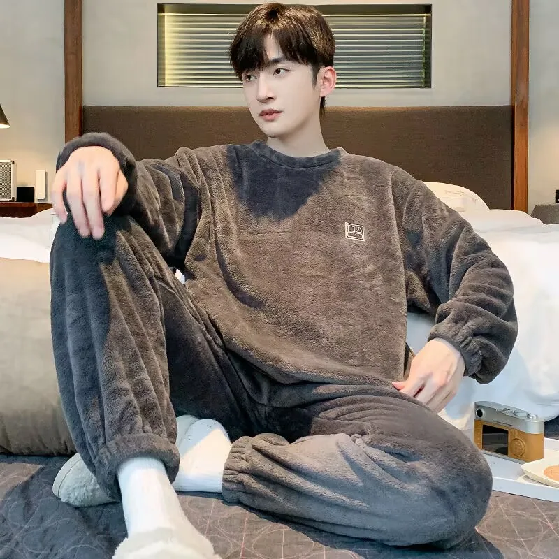180 catties plus size pajamas for men in autumn and winter thickened and velvet long-sleeved warm pullover home clothes two-piece set 6