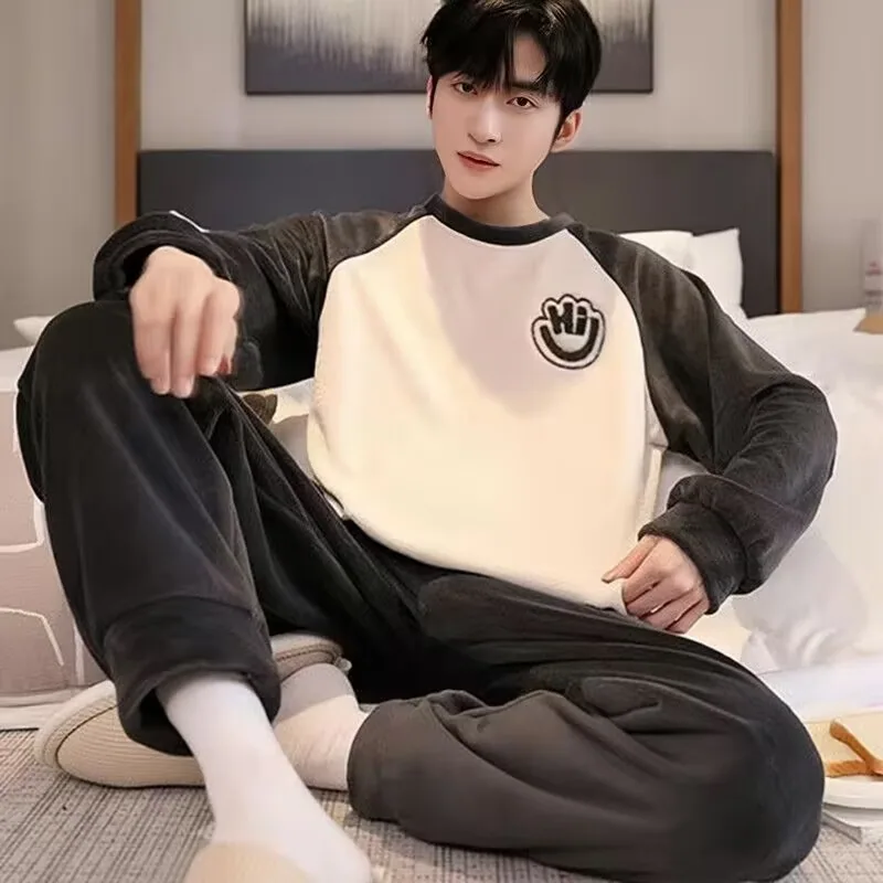 180 catties plus size pajamas for men in autumn and winter thickened and velvet long-sleeved warm pullover home clothes two-piece set 8