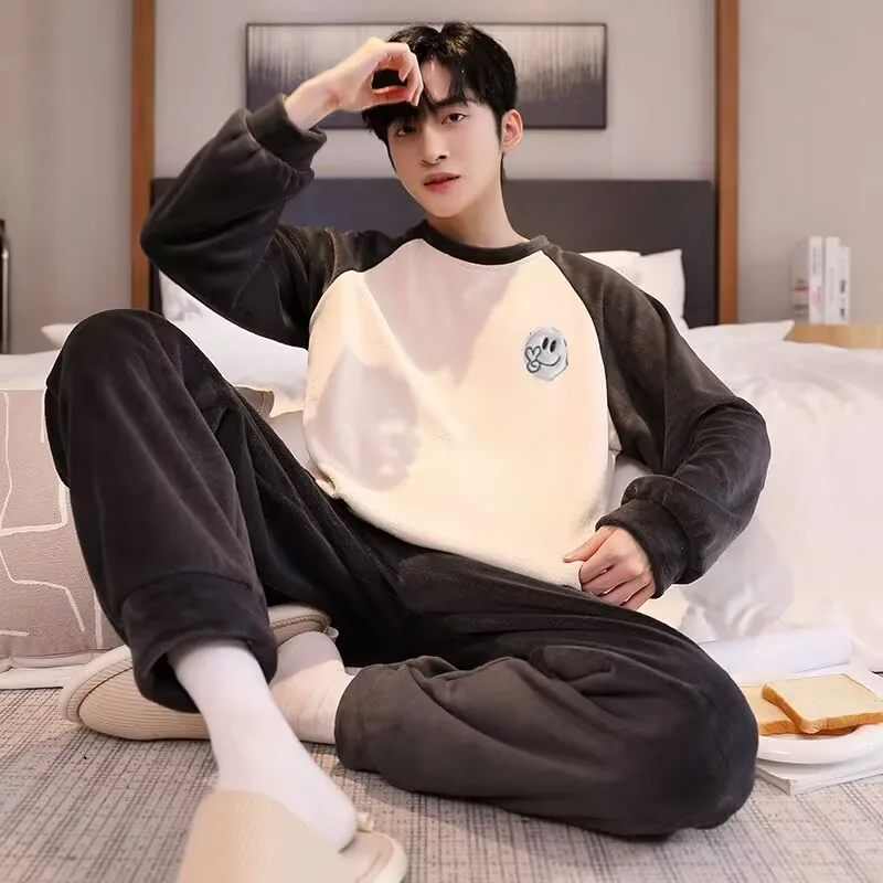 180 catties plus size pajamas for men in autumn and winter thickened and velvet long-sleeved warm pullover home clothes two-piece set 13