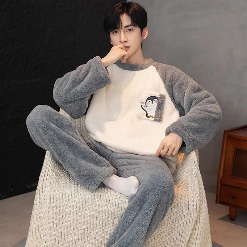 180 catties plus size pajamas for men in autumn and winter thickened and velvet long-sleeved warm pullover home clothes two-piece set 3
