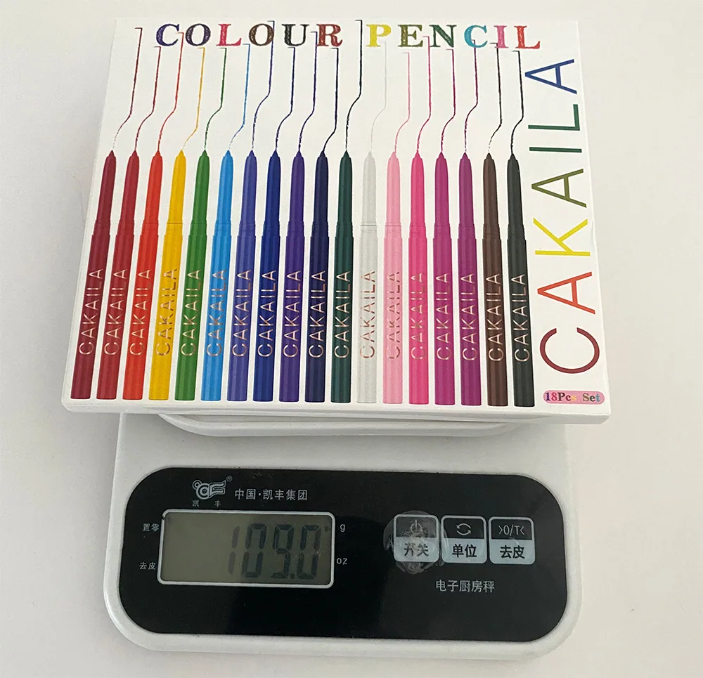 CAKAILA18 color eyeliner pen set weighs about 109g, including carton, net content 0.25g × 18 pieces, light
