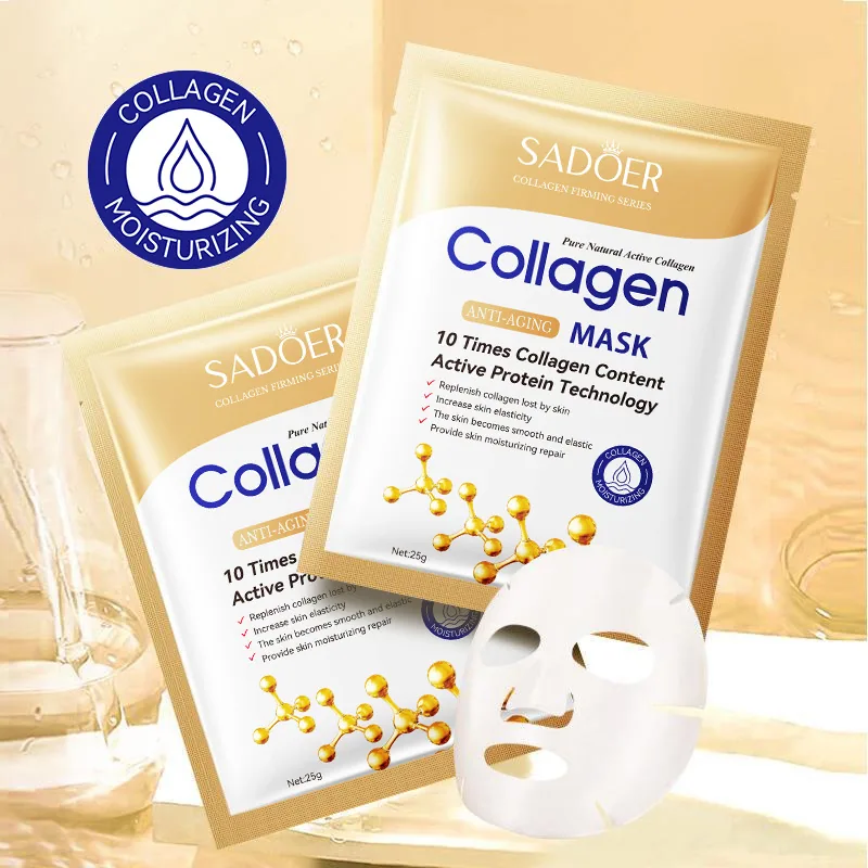 SADOER collagen anti-wrinkle facial mask close-up showing moisturizing essence and brightening formula texture