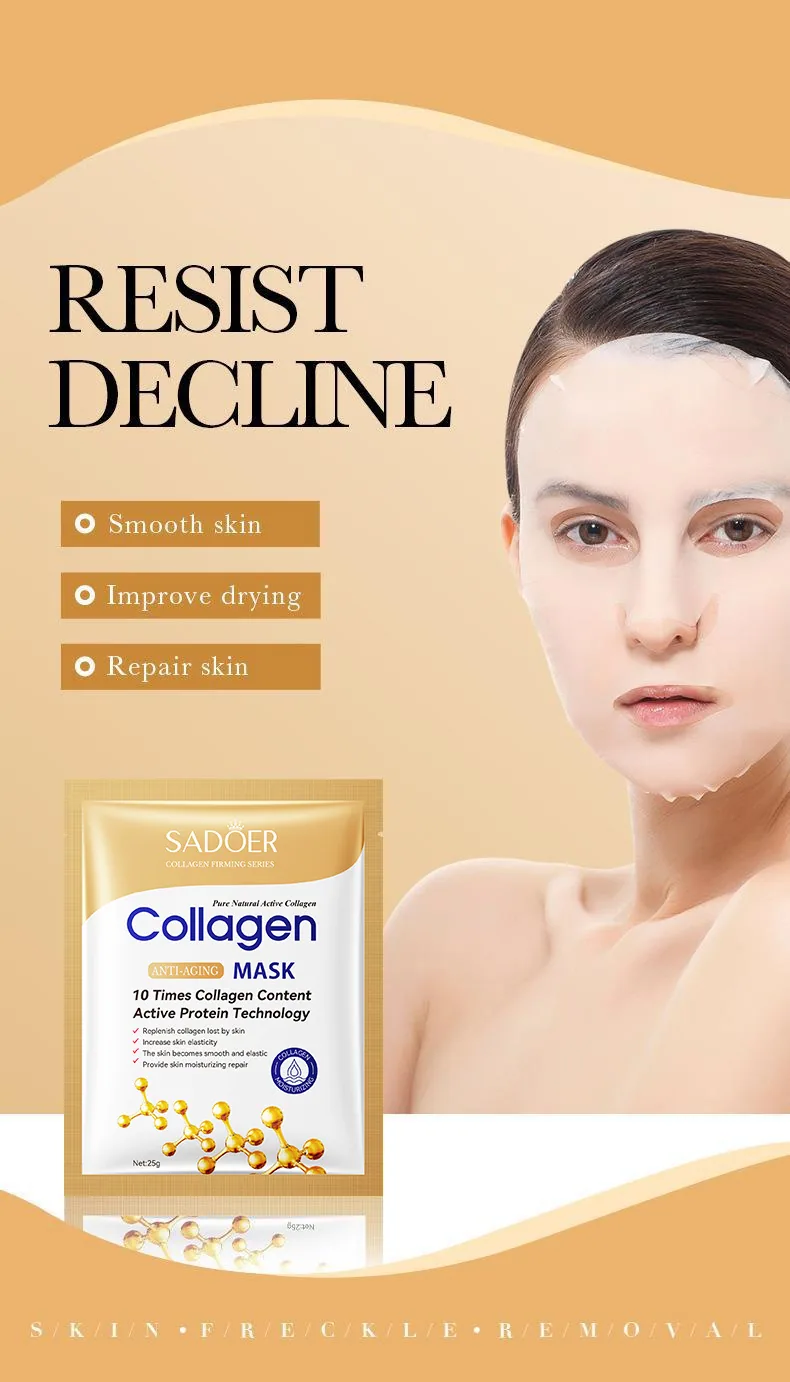 SADOER collagen anti-wrinkle facial mask texture close-up showing moisturizing essence and brightening formula for cross-bord