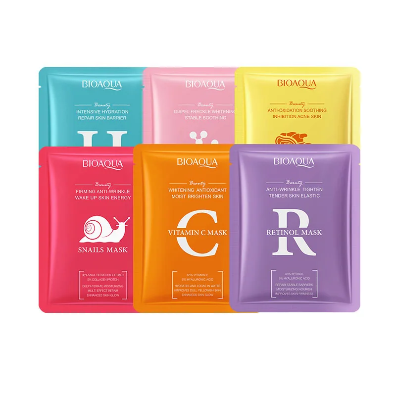 Close-up detail of BIOAOUA VC antioxidant facial mask texture, whitening essence and moisturizing serum for spring summer ski