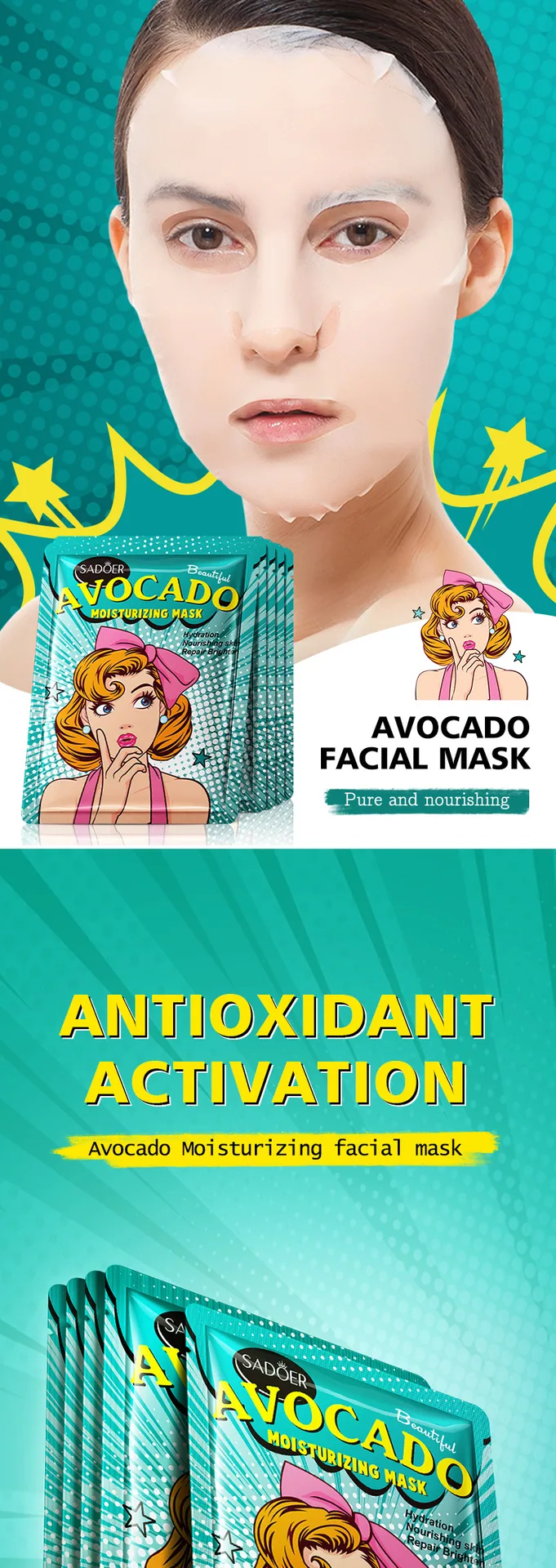 SADOER avocado plant extract moisturizing goddess mask sachet close-up showing full English packaging detail