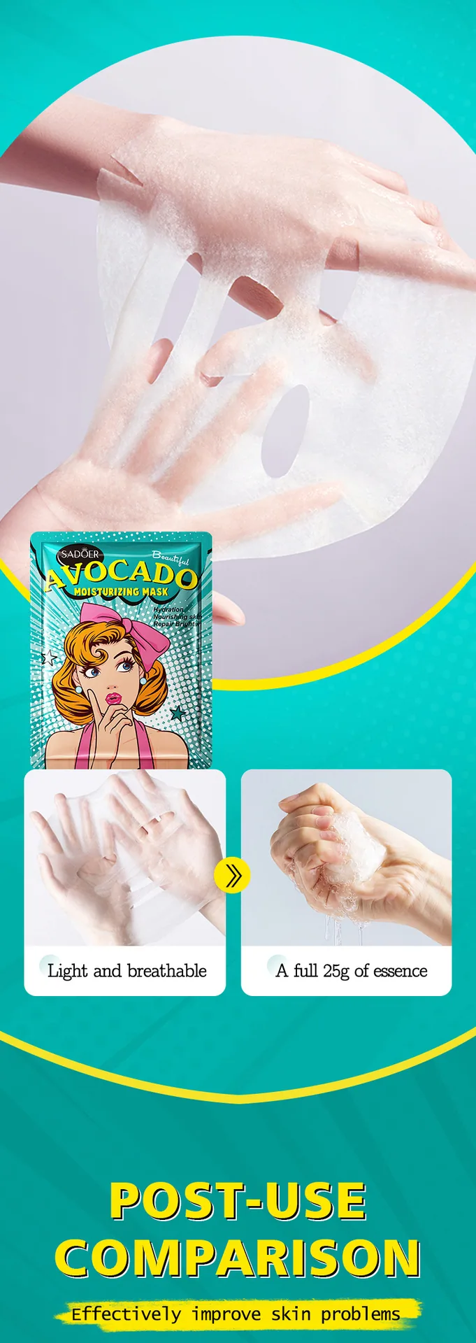 SADOER avocado moisturizing goddess facial mask texture and essence close-up, plant extract skincare for all skin types
