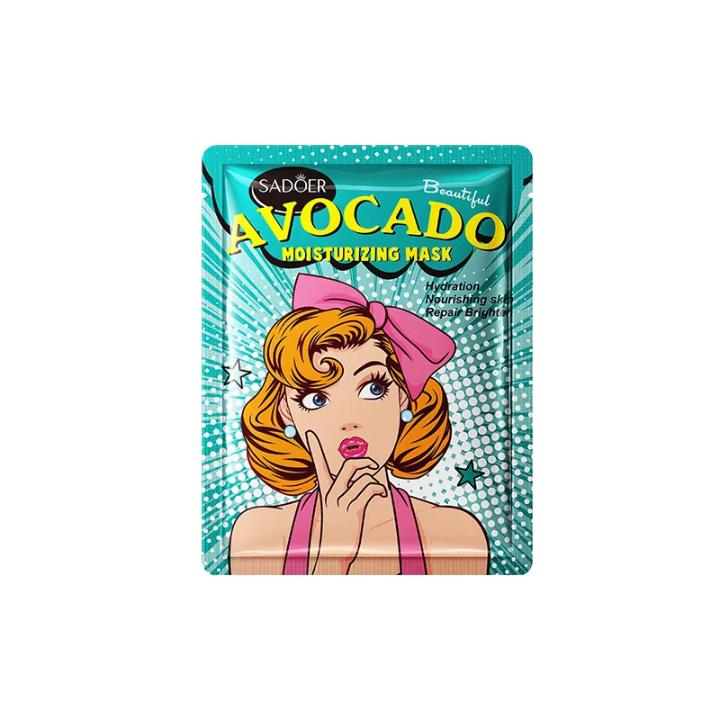 SADOER avocado plant extract moisturizing goddess facial mask sachet front detail, full English packaging for all skin types