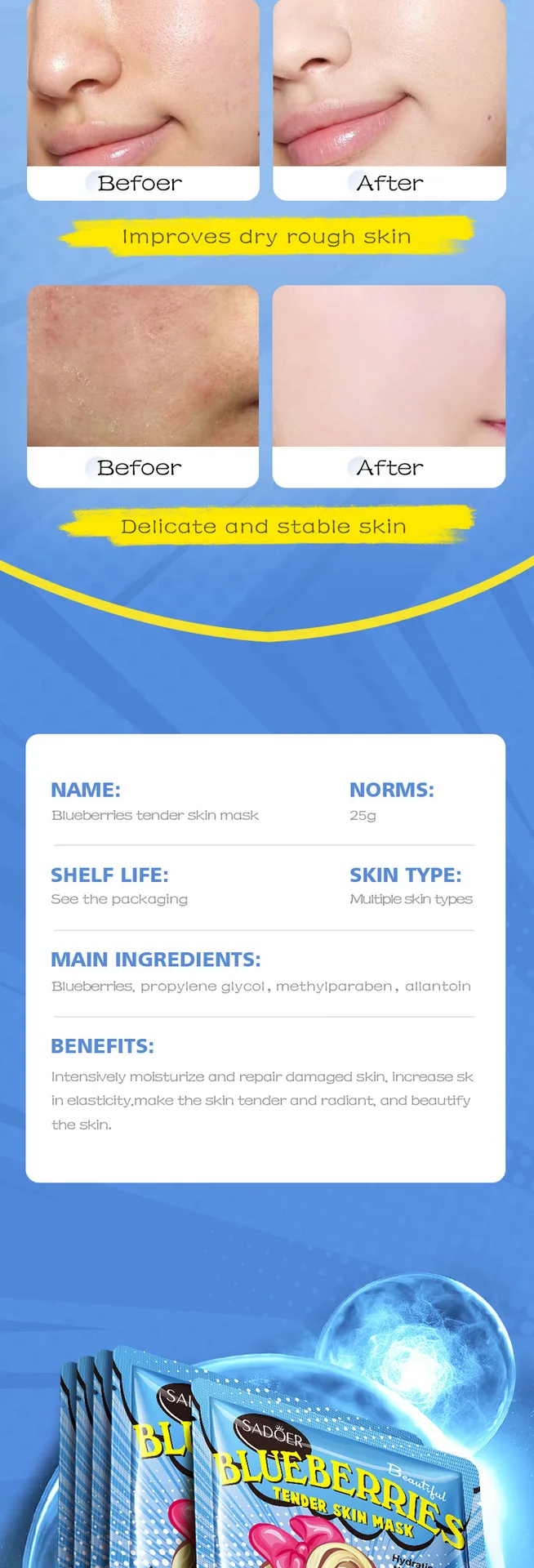 Close-up of SADOER avocado plant extract moisturizing goddess mask texture and essence, full English sachet for foreign trade