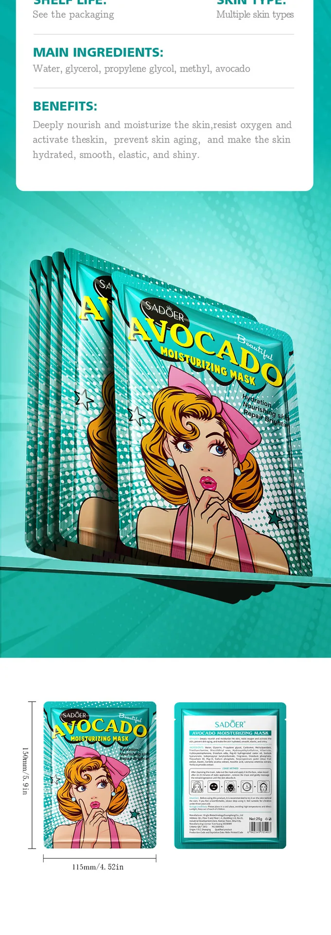 SADOER avocado plant extract moisturizing goddess mask in use on face, full English packaging for cross-border foreign trade
