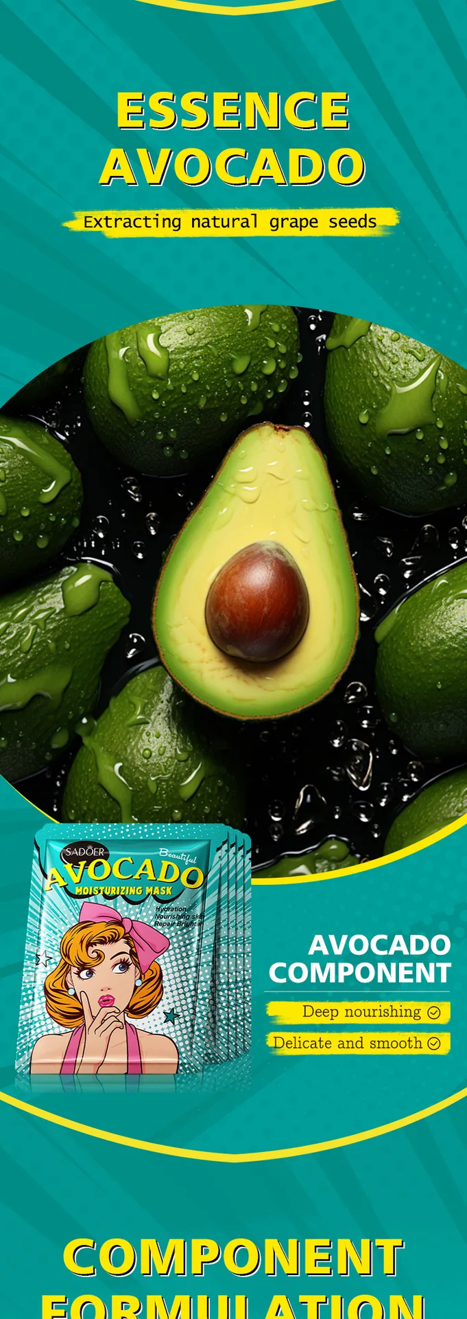 SADOER goddess mask single sachet size and weight detail, full English avocado plant extract moisturizing facial mask