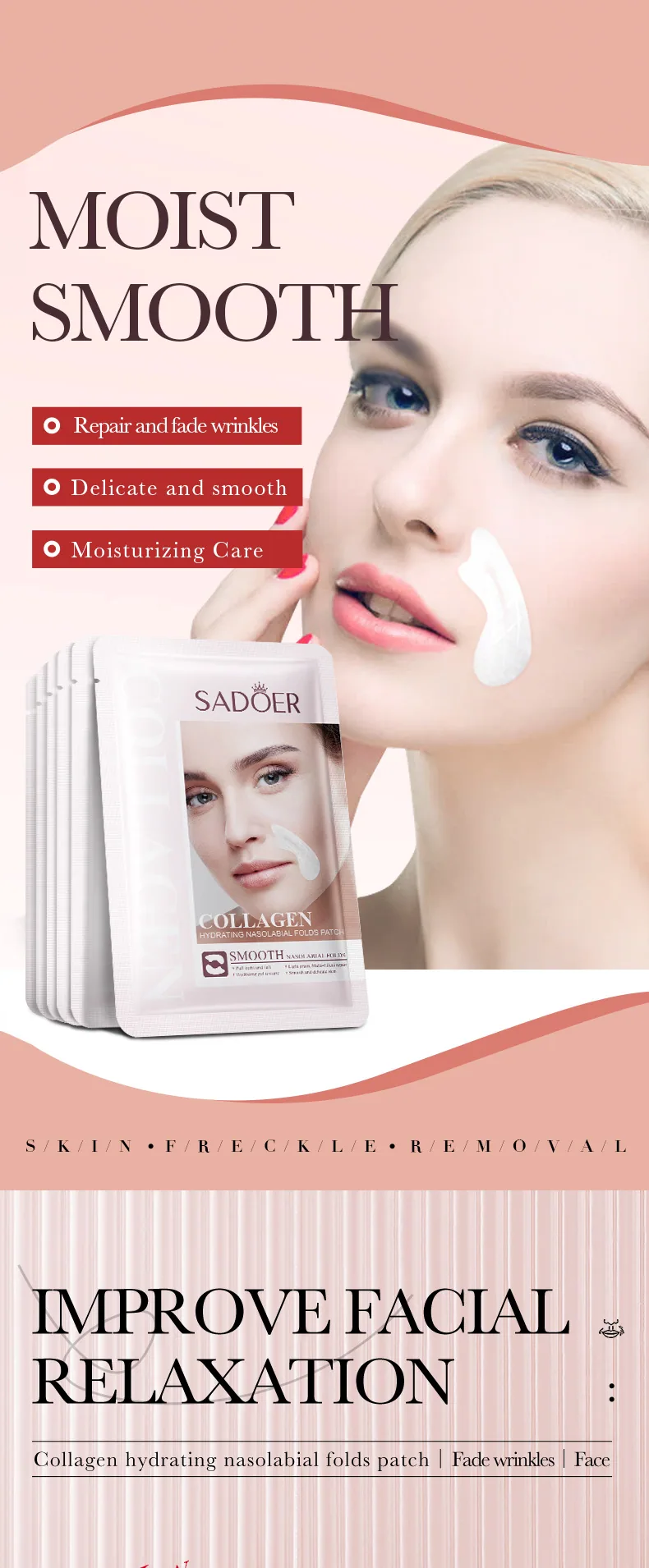 SADOER nasolabial fold removal stickers size chart with dimensions marked for accurate placement on smile lines