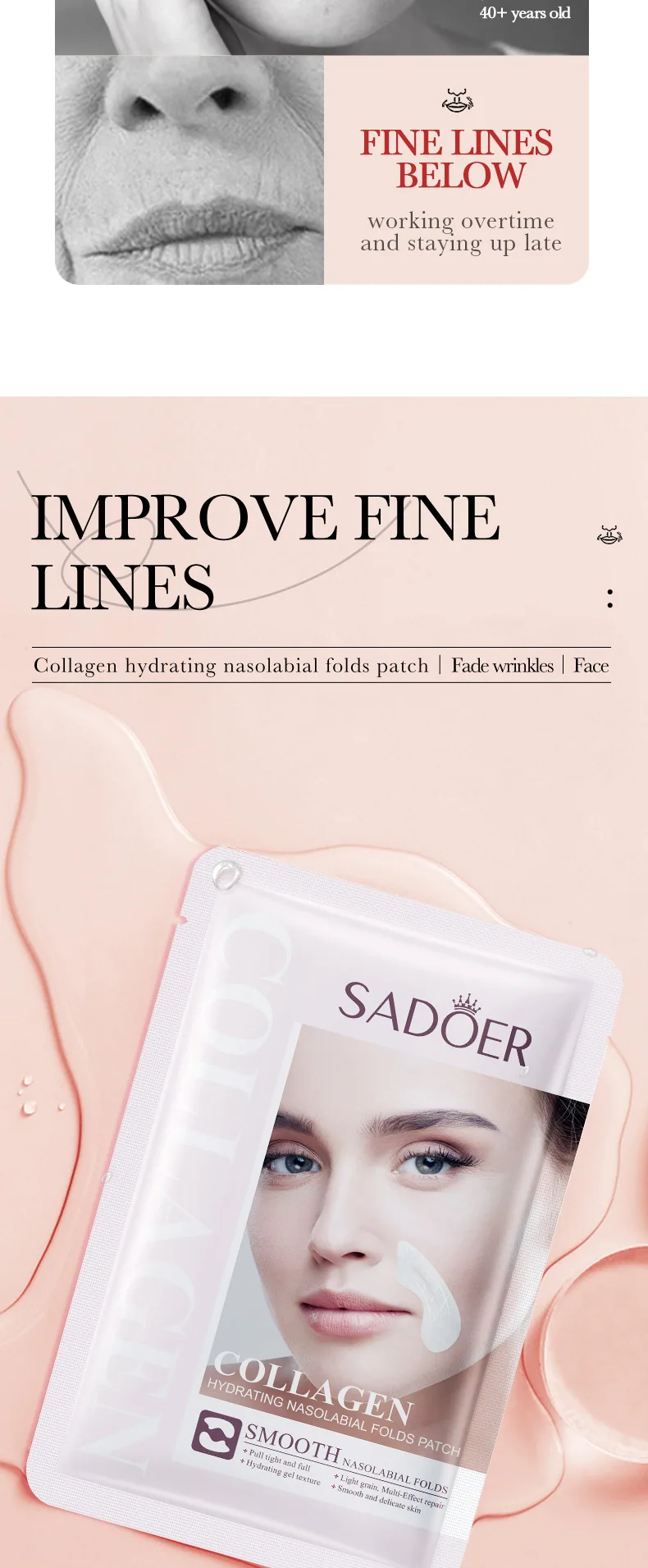SADOER collagen gel patches packaging with brand logo and product name, cross-border export face and body mask