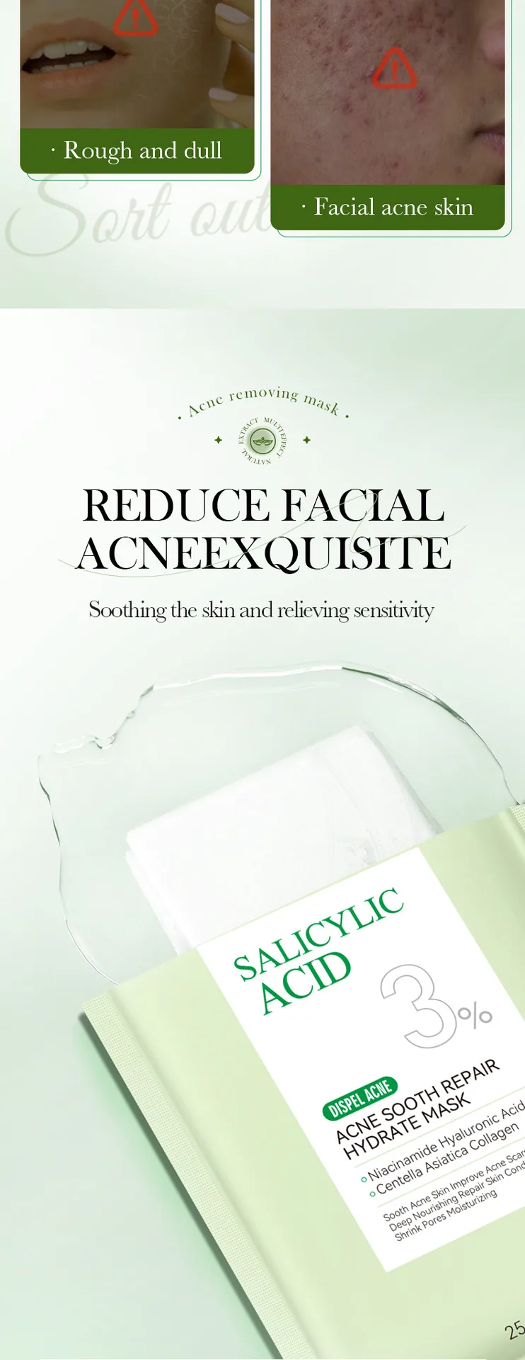 SADOER salicylic acid acne soothing repair hydrating mask sachet detail, anti-acne facial mask for cross-border wholesale