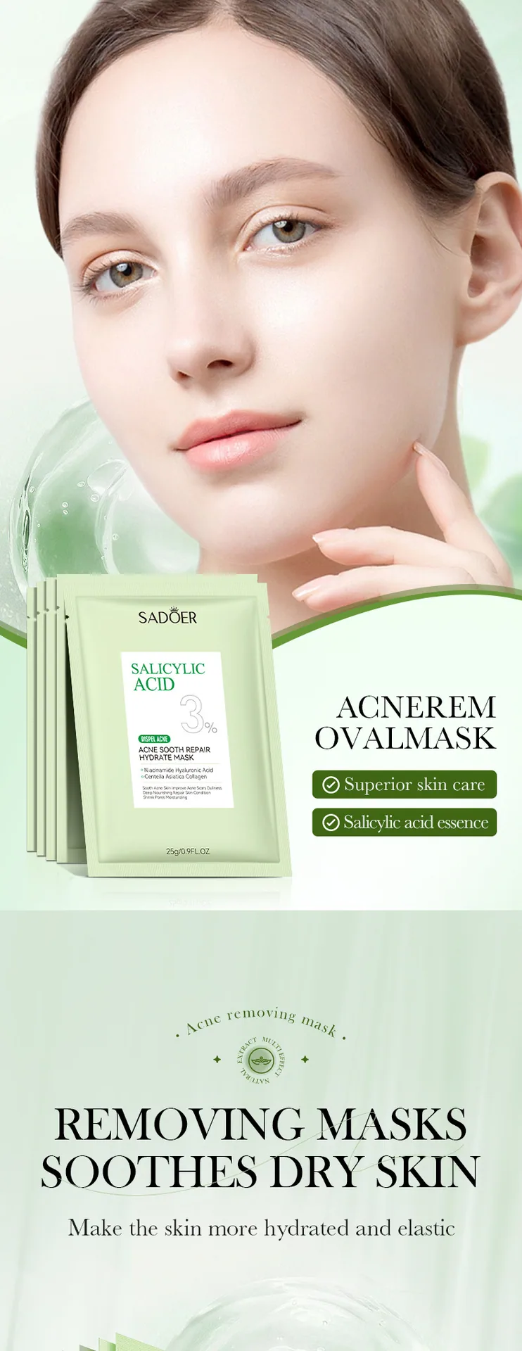 SADOER salicylic acid acne soothing repair hydrating mask sachet close-up showing texture and ingredients