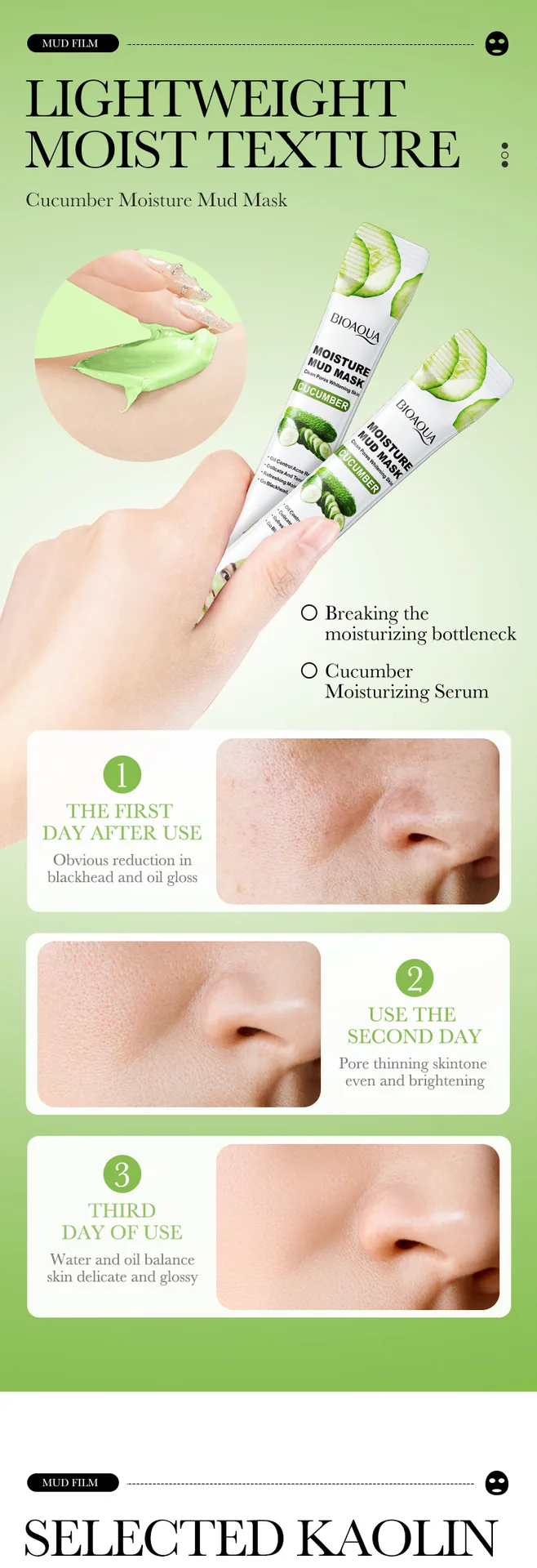 BIOAOUA cucumber moisturizing mud film ingredient texture close-up, moisturizing, whitening and cleaning three in one effect