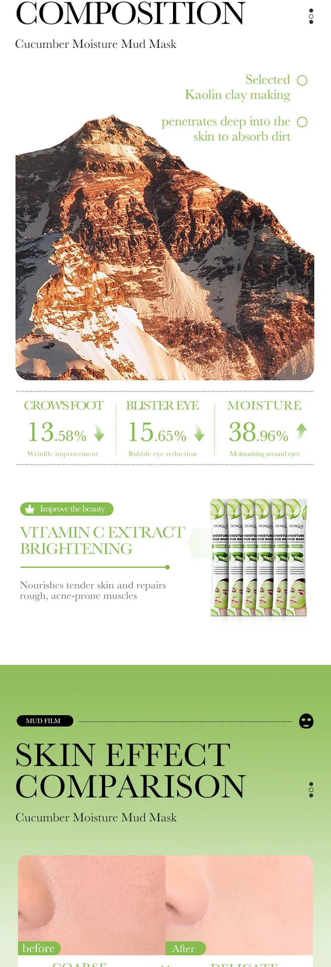 BIOAOUA cucumber moisturizing mud film packaging front display, deep moisturizing, whitening and cleaning, wholesale for fore